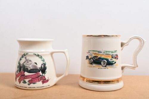 DECORATIVE/COMMEMORATIVE MUGS: Two large decorative and commemorative mugs. '500th World Championship Grand Prix' Bendigo Pottery commemorative mug from the Australian Grand Prix, Adelaide, November 1-4, 1990