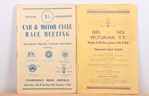 FISHERMEN'S BEND: Two 1950's Fishermen's Bend Airfield Official Programmes. 1950 'VICTORIAN T.T. Sunday & Monday, January 29th & 30th At Fishermen's Bend Airfield' & 'CAR & MOTOR CYCLE RACE MEETING, FISHERMEN'S BEND AIRFIELD, Saturday 3rd & Sunday 4th Oct