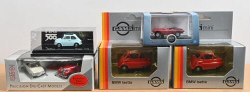1:64/1:76 SCALE MODELS: A collection of five small scale (1:64 and 1:76) models by various model manufacturers. BMW Isetta & FIAT 500 models