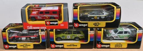 BBURAGO: Five 1:43 scale Bburago models. RANGE ROVER (cod. 4104), BMW M1 IMSA (cod. 4105), GIULIETTA ALPILATTE (CO. 4110), LANCIA STRATOS PIRELLI (cod. 4166) models