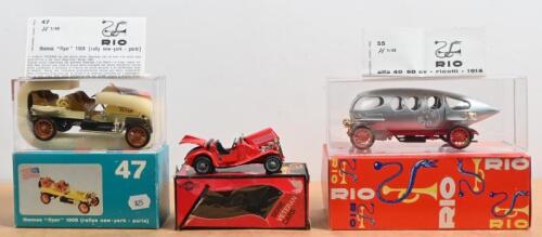 EUROPEAN DIECAST: Three :1:43 scale models by various model manufacturers. MERCURY FIAT BALILLA "COPPA D'ORO" (No.70) & RIO thomas "flyer" 1908 (rallye New York - Paris) in light yellow, and alfa 40/60 in silver (55)