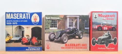 MASERATI: Three hardcover books detailing Maserati history and racing cars. 'MASERATI: A History' by Anthony Pritchard