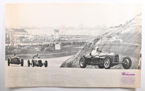 BROOKLANDS: A full series of three posters featuring images from BROOKLANDS motor racing circuit. Poster number 1 'CAMPBELL TROPHY RACE AT BROOKLANDS 1937', Poster 2 and 3 with images from 'JUNIOR CAR CLUB DOUBLE 12 HOUR RACE AT BROOKLANDS 1930'