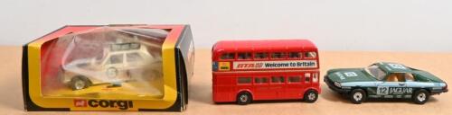 CORGI: Three 1:36 scale CORGI models. 291 Mercedes 240 in Euro Rally livery & Jaguar XJS in TWR Jaguar racing livery
