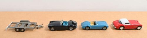 BRITISH SPORTS CARS: Three 1:43 scale models of British sports cars. White metal dark blue MGA with trailer