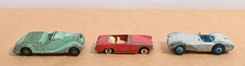 DINKY TOYS: Three play worn DINKY TOYS. SUNBEAM-TALBOT, Aston Martin (110) & AUSTIN HEALEY SPRITE (112)