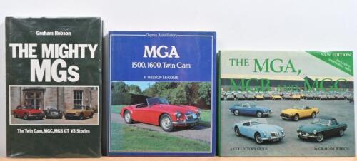 MG: Three hardcover books detailing the MG marque. Publications by Graham Robson including 'THE MIGHTY MGs - The Twin Cam. MGC, MGB GT V8 Stories' & 'THE MGA, MGB AND MGC'