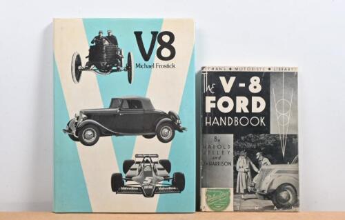 V8: Two hardcover books detailing the V8 engine and the Ford V-8. 'V8' hardcover book by Michael Frostick