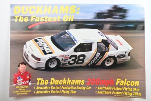 FALCON: A 1991 'DUCKHAMS: The Fastest Oil' poster featuring the The Duckhams 200mph Falcon of Mike Oliver - Australia's Fastest Production Racing Car.