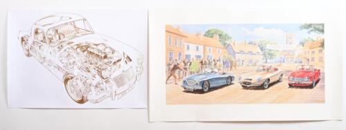 ENGLISH CARS: Two posters depicting English cars. Colour print featuring an Austin Healey, Jaguar E-Type, Triumph TR2 & cut-away diagram of a MGA