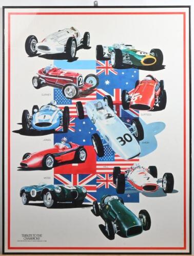TRIBUTE TO THE CHAMPIONS: A large 'TRIBUTE TO THE CHAMPIONS' poster. As prepared by SANDOWN MOTOR CIRCUIT, SUNDAY, FEBRUARY 14. 1982