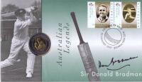 DON BRADMAN: A 1997 PNC Sir Don Bradman $5 coin and stamp cover first day of issue, autographed by Don Bradman