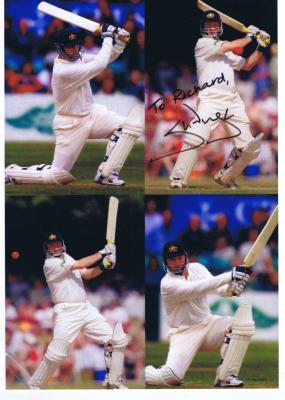 STEVE WAUGH: A colour collage featuring Steve Waugh bating, personally inscribed and signed by Waugh