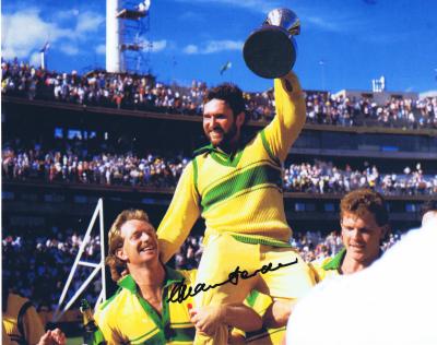 ALLAN BORDER: A colour picture depicting border in the 1986 World Series Cup, February 9th, autographed by Allan Border