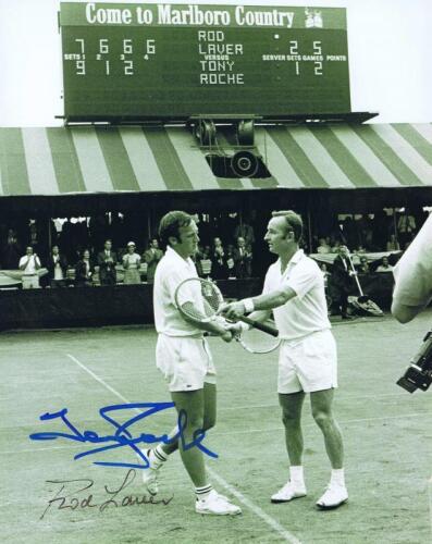 1969 US OPEN: A impressive black and white picture from the 1969 US Open autographed by Rod Laver and Tony Roche