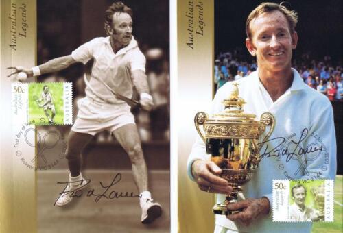 ROD LAVER: Two first day of issue 'Australian Legends' post cards with stamps both autographed by Rod Laver