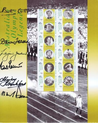 AUSTRALIAN OLYMPICS: A 1998 Australian Olympic Legends Stamp pack autographed by Betty Cuthbert, Dawn Fraser, Marjorie Jackson, Herb Elliott, Shirley Strickland and Murrary Rose
