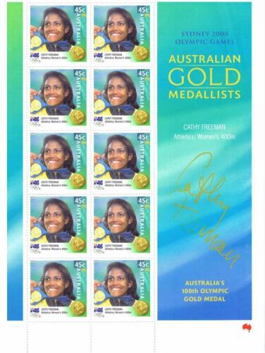 CATHY FREEMAN: A sheet of Sydney 2000 Olympic Games 'Gold Medallists' stamps autographed by Cathy Freeman
