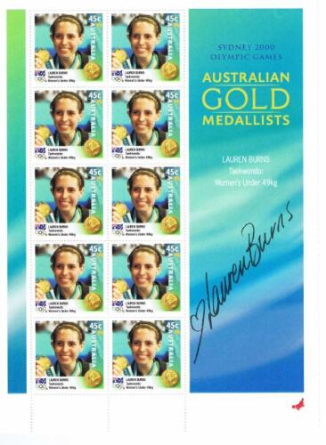 LAUREN BURNS: A sheet of Sydney 2000 Olympic Games 'Gold Metallists' stamps autographed by Lauren Burns