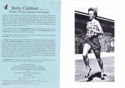 BETTY CUTHBERT: A black and white autographed picture of Betty Cuthbert along with controversial religious letter