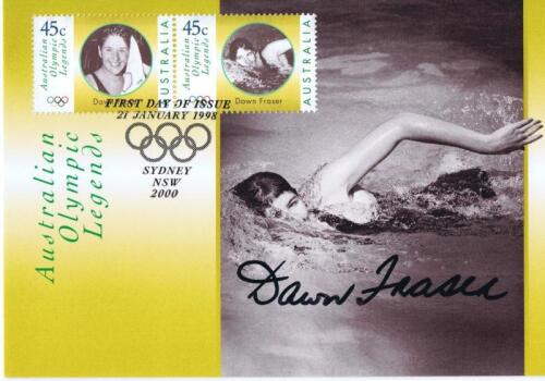 DAWN FRASER: A 'Australian Olympic Legends' first day of issue post card, autographed by Dawn Fraser