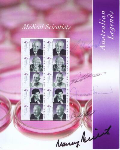 MEDICAL SCIENTISTS: A 'Australian Legends' medical scientists stamp sheet autographed by Gustav Nossal, Nancy Millis, Peter Doherty, Fiona Stanley and Donald Metcalf