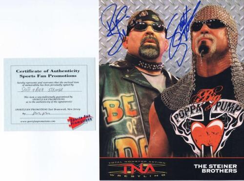STEINER BROTHERS: A publicity card of 'The Steiner Brothers' autographed by both Scott and Rick Steiner with COA