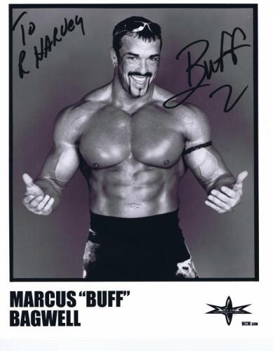 MARCUS BAGWELL: A official publicity card depicting Marcus Bagwell AKA 'Buff' , personally inscribed and signed