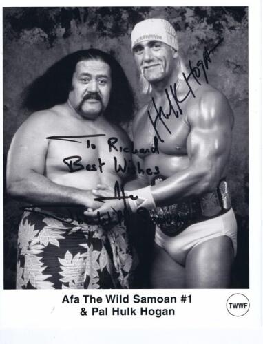 AFA & HOGAN: A publicity card depicting Afa The Wild Samoan #1 & Pal Hulk Hogan, personally inscribed and signed by both