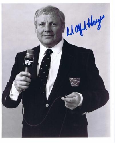 LORD ALFRED HAYES: A picture of Lord Alfred Hayes as a commentator, autographed by Hayes