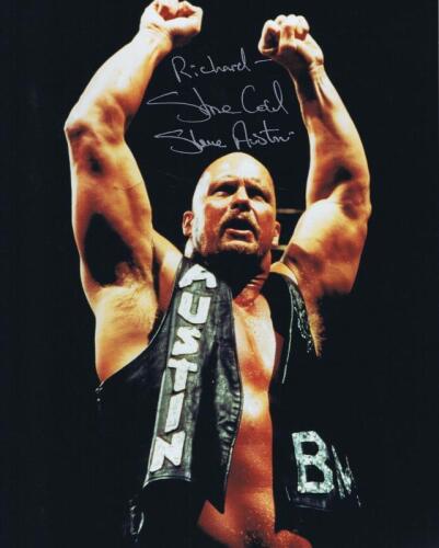 STEVE AUSTIN: A colour picture of the 'Stone Cold' Steve Austin, with personalised autograph