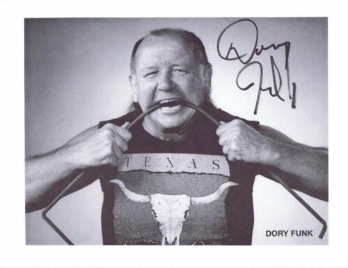 DORY FUNK: A black and white picture of Dory Funk, autographed