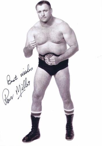 RON MILLER: A black and white portrait of Australian Pro Wrestler Ron Miller, autographed