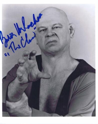 THE CLAW: A black and white picture of 'The Claw' pictured in his signature move, autographed by Baron Von Raschke