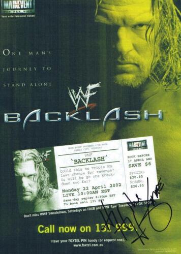 TRIPLE H: A print out of the WWF 'Backlash' 2002 event autographed by Triple H
