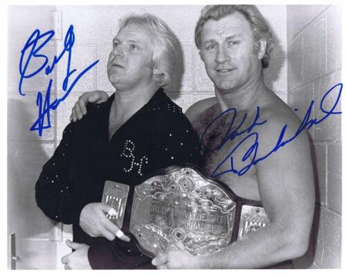 NICK & BOBBY: A black and white picture of Nick and Bobby, autographed by Nick Bockwinkel & Bobby 'The Brain' Heenan