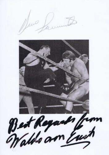 BRUNO VS WALDO: A black and white picture depicting a fight between Bruno Santamaria & Waldo Von Eric, autographed by both wrestlers