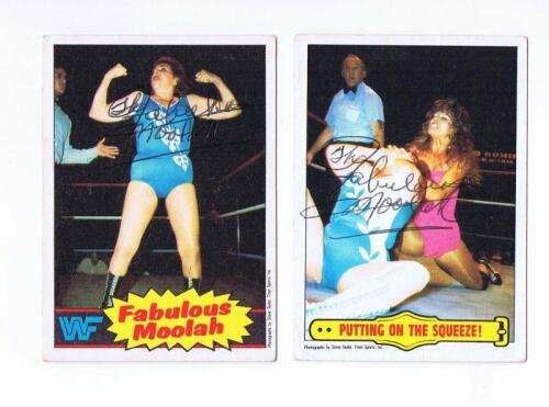 FABULOUS MOOLAH: Two Titan Sports trading cards autographed by the Fabulous Moolah