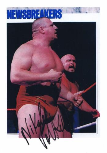 NIKOLAI VOLKOFF: A colour picture depicting Nikolai Volkoff 'Newsbreakers', autographed by Volkoff