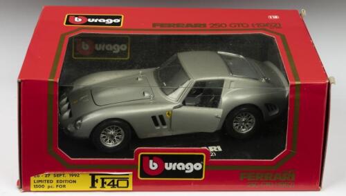 250 GTO: A Bburago 1:18 Ferrari 250 GTO (1962) in silver metallic (cod.3011). Limited Edition of 1500. Produced 1992 in celebration of the 40th Anniversary of the official importation of Ferrari in Belgium by Garage Ferrari Francorchamps