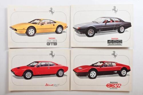 FERRARI: A group of four 1976 single card, double sided Ferrari model brochures. Sheets detail BB512, 308 GTB, Dino 308gt4 & 400 automatic Ferrari models