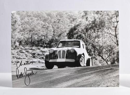BROCK: An interesting black and white image of Peter Brock competing in the Austin A30 at Templestowe, 1968. Peter Brock signature