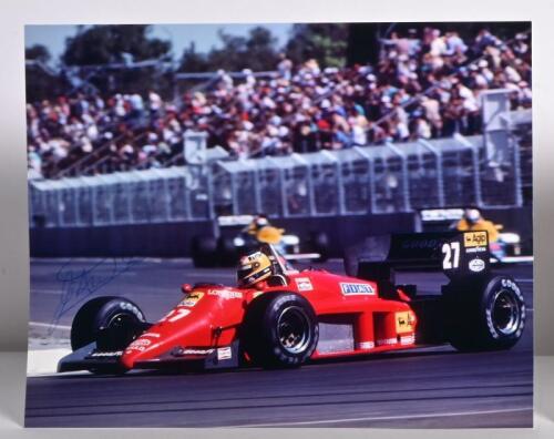 ALBORETO: A colour picture&nbsp;of Michele Alboreto racing a Ferrari 156/85 at the Australian Grand Prix, Adelaide. Michele Alboreto signature