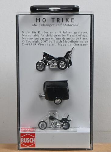 BUSCH: A NOS HO scale Busch Trike with Trailer & Motorcycle model