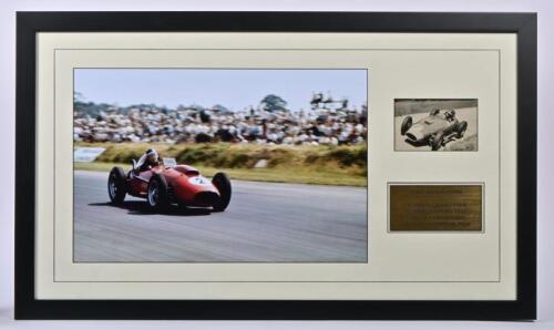 HAWTHORN: A Mike Hawthorn picture set. Black and white picture of Hawthorn racing a Lancia-Ferrari 801 at the German Grand Prix Nurburgring, 1957. Mike Hawthorn signature (COA attached in images)