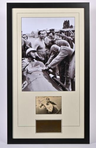 FARINA: A black and white two picture set featuring GIUSEPPE 'NINO' FARINA from the German Grand Prix Nurburgring 1953. Giuseppe Farina signed picture of Farina in a Ferrari 500/F2. Markus Brandes CoA (UPDATED)