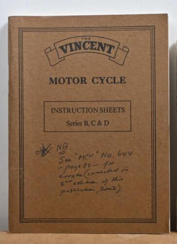 VINCENT: An instruction sheet for 'The Vincent' motor cycle series B, C, & D. Instruction sheet No. 6 Jan 1972