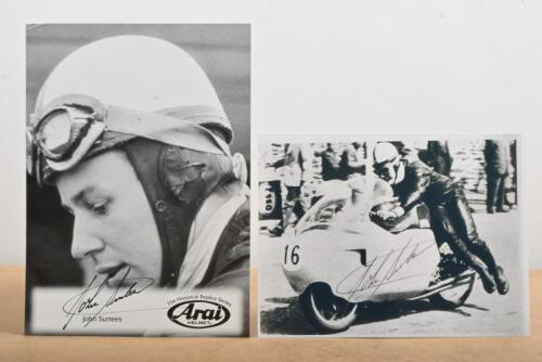 SURTEES: Two black and white images of John Surtees&nbsp;from his motorcycing career. Arai HELMET official picture of John Surtees with helmet, picture signed by John Surtees