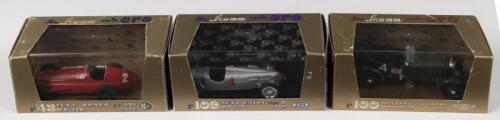 RACING CARS: Three 1:43 scale BRUMM racing cars. r43 ALFA ROMEO 159 HP 450 1951, r100 BENTLEY 4.5 LITRI HP 105-130 1928, r109 AUTO UNION tipo D HP 420 1938