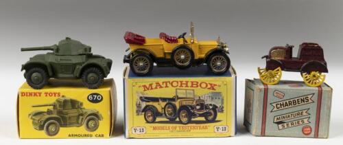 VINTAGE DIECAST: A small collection of vintage diecast by various British manufacturers. DINKY TOYS ARMOURED CAR (670) in military green, Matchbox Models of Yesteryear 1911 Daimler (Y-13) in yellow, CHARBENS MINIATURE SERIES DAIMLER 1900 (No.22)